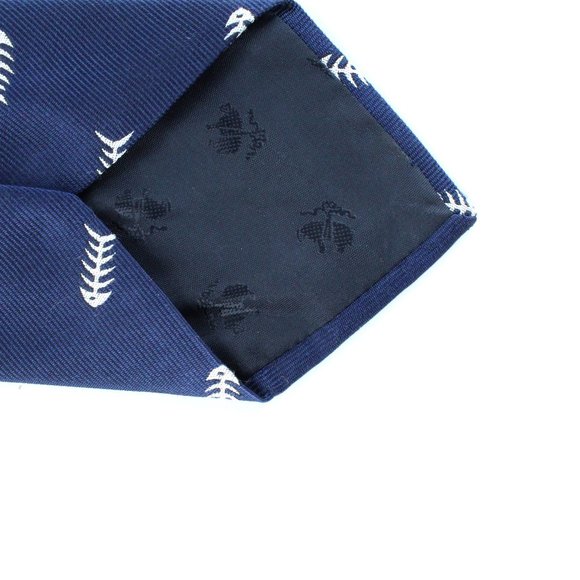 Brooks Brothers 100% Silk Tie Fish Skeleton Bones Navy Blue White Jacquard Men's - Picture 4 of 9